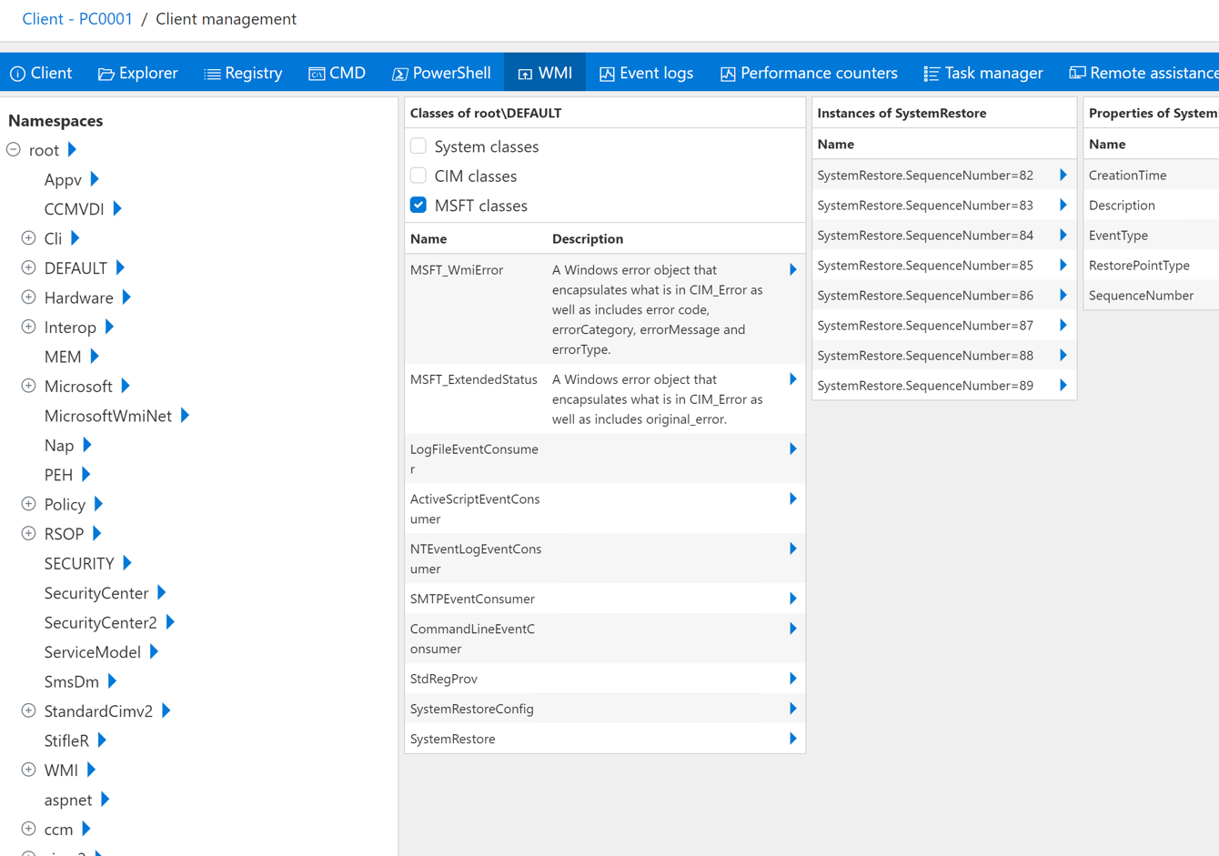 Windows Managment Instrumentation browser view